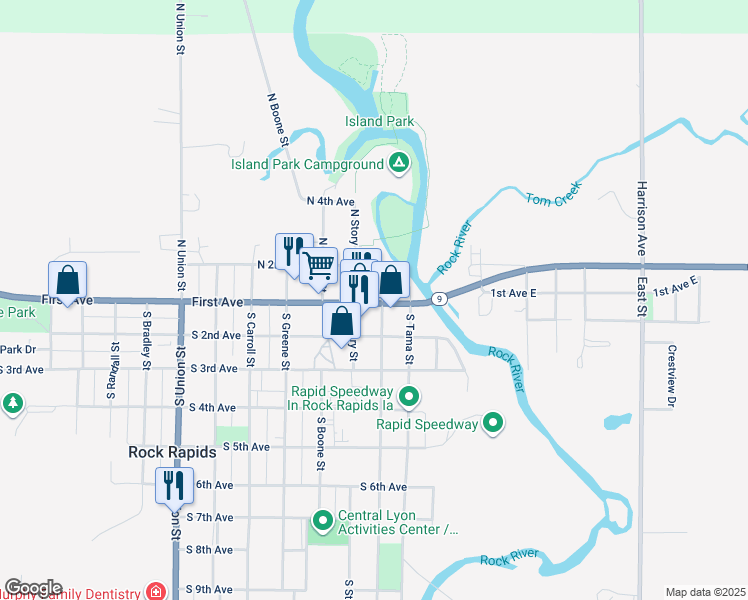 map of restaurants, bars, coffee shops, grocery stores, and more near 199 North Marshall Street in Rock Rapids