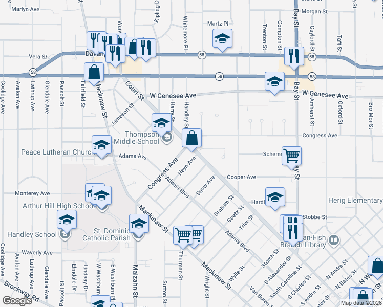 map of restaurants, bars, coffee shops, grocery stores, and more near 9 Elmview Court in Saginaw