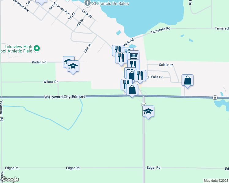 map of restaurants, bars, coffee shops, grocery stores, and more near 9270 Howard City Edmore Road in Lakeview