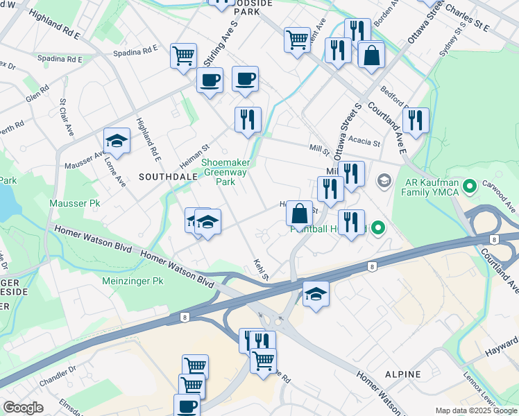 map of restaurants, bars, coffee shops, grocery stores, and more near 65 Meinzinger Avenue in Kitchener