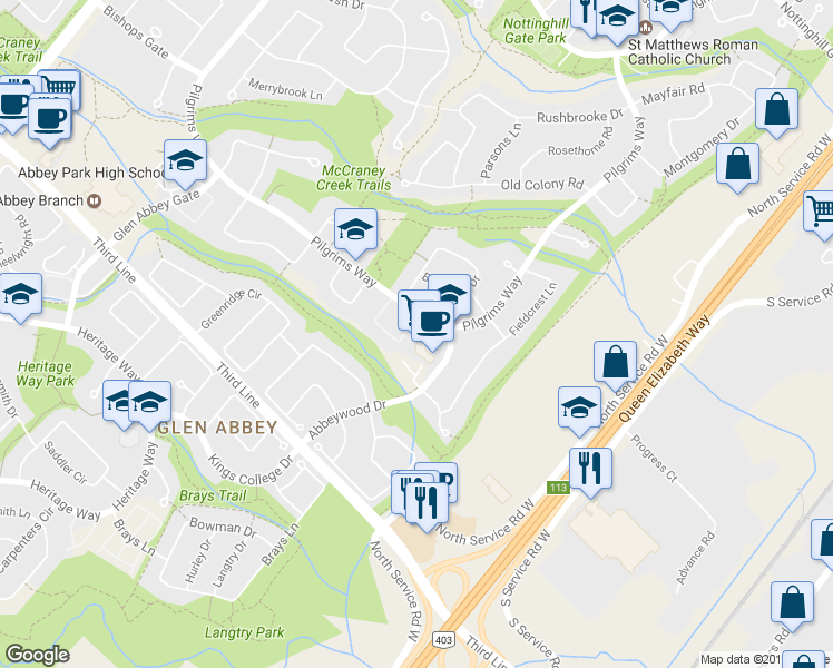 map of restaurants, bars, coffee shops, grocery stores, and more near 1479 Pilgrims Way in Oakville