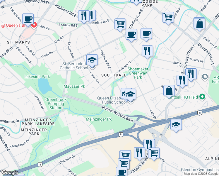 map of restaurants, bars, coffee shops, grocery stores, and more near 19 Hugo Crescent in Kitchener