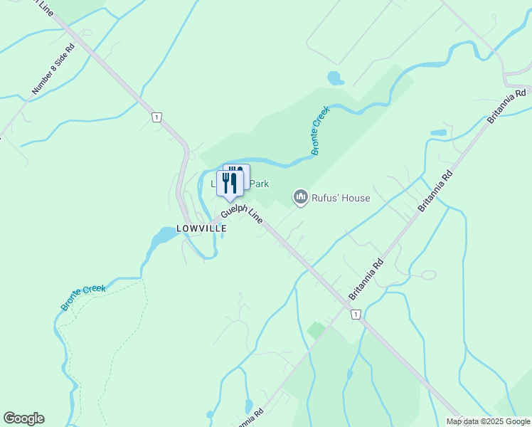 map of restaurants, bars, coffee shops, grocery stores, and more near 6121 Guelph Line in Burlington