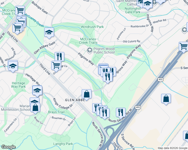 map of restaurants, bars, coffee shops, grocery stores, and more near 1490 Pilgrims Way in Oakville