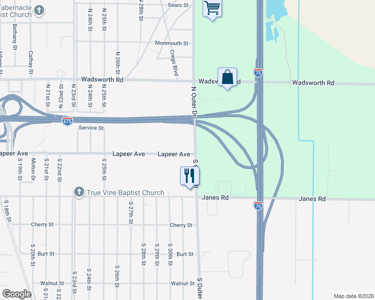 map of restaurants, bars, coffee shops, grocery stores, and more near 3381 Lapeer Avenue in Saginaw