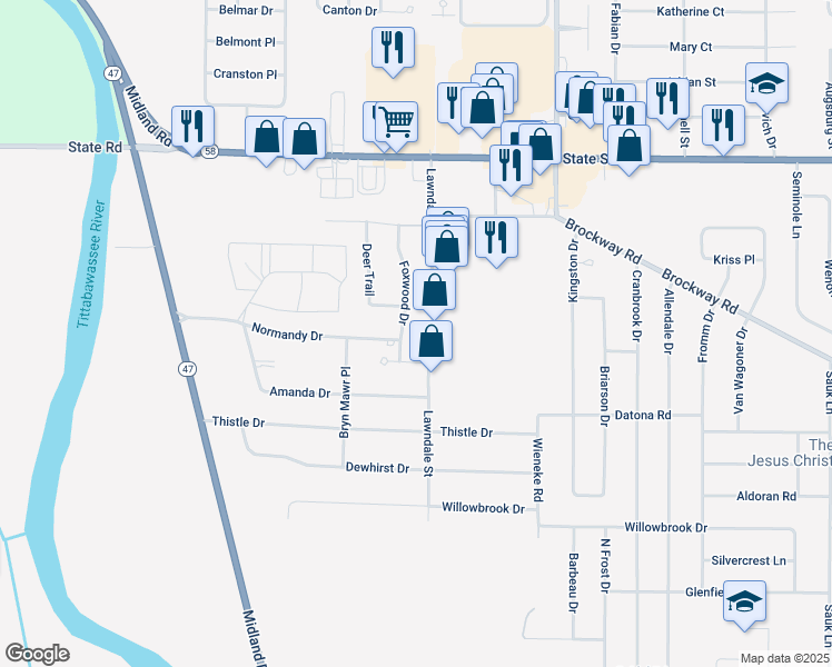 map of restaurants, bars, coffee shops, grocery stores, and more near 9 Foxwood Drive in Saginaw