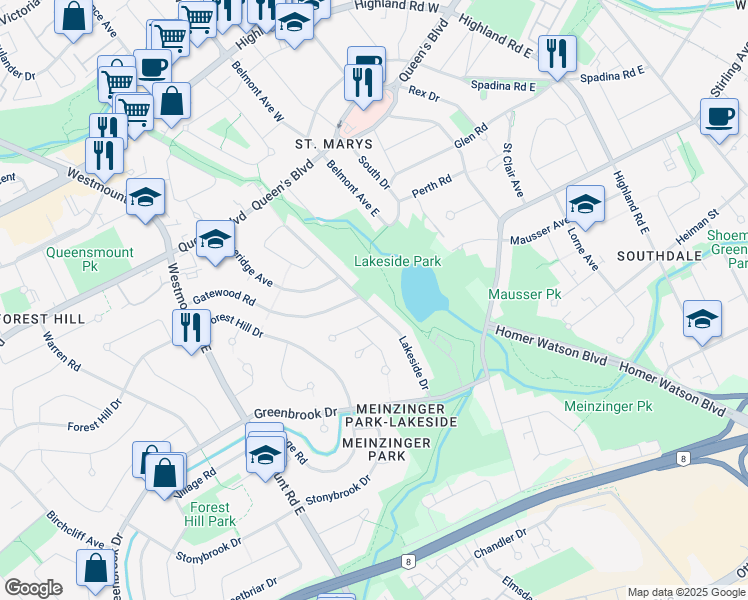 map of restaurants, bars, coffee shops, grocery stores, and more near 166 Lakeside Drive in Kitchener