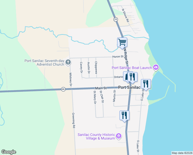 map of restaurants, bars, coffee shops, grocery stores, and more near 114 Chippewa in Port Sanilac