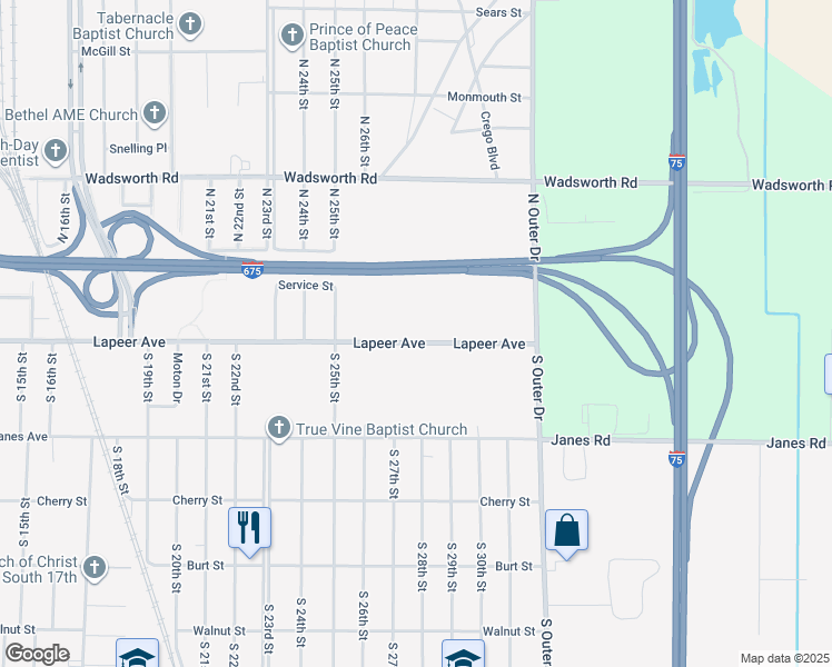 map of restaurants, bars, coffee shops, grocery stores, and more near 3213 Lapeer Avenue in Saginaw