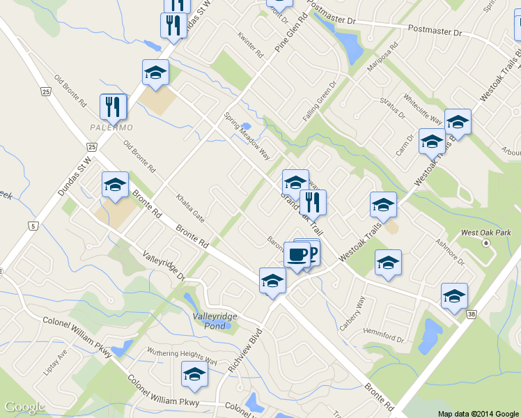 map of restaurants, bars, coffee shops, grocery stores, and more near 2434 Blue Holly Crescent in Oakville