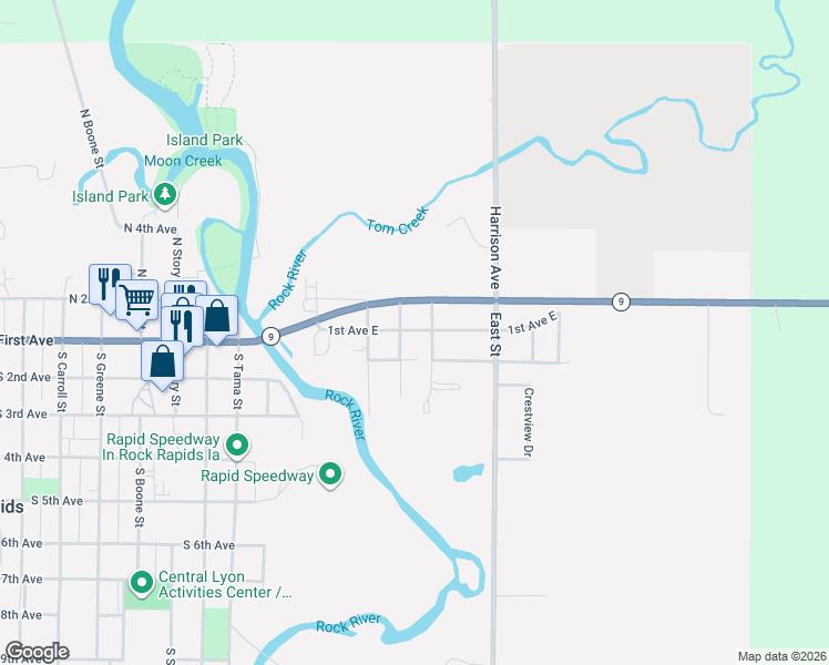 map of restaurants, bars, coffee shops, grocery stores, and more near Pearl Street in Rock Rapids