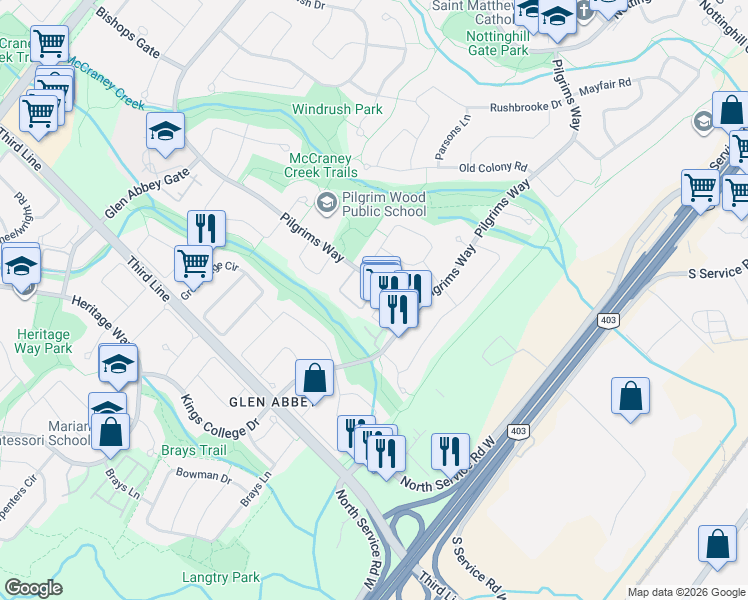 map of restaurants, bars, coffee shops, grocery stores, and more near 1478 Pilgrims Way in Oakville