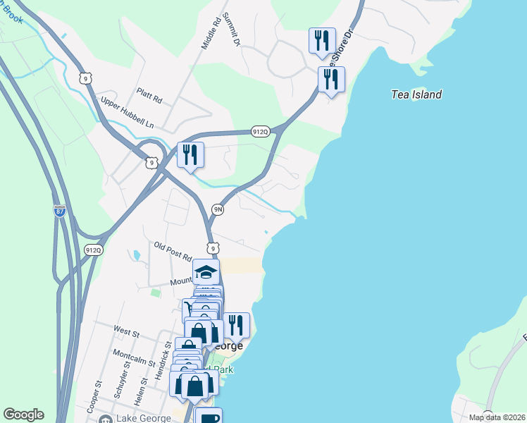 map of restaurants, bars, coffee shops, grocery stores, and more near 23 English Brook Road in Lake George