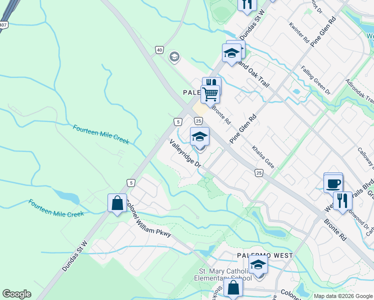 map of restaurants, bars, coffee shops, grocery stores, and more near 3064 Stornoway Circle in Oakville
