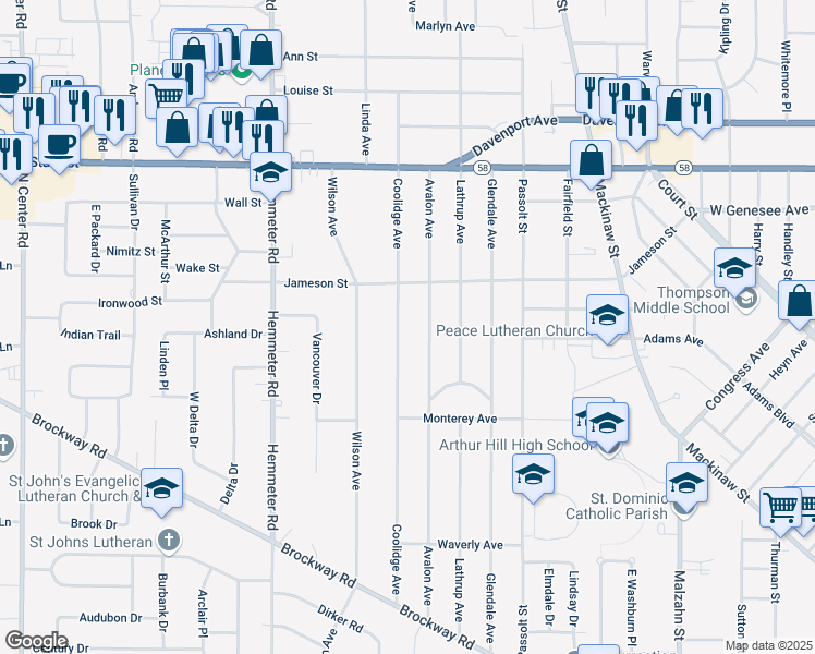 map of restaurants, bars, coffee shops, grocery stores, and more near 1714 Coolidge Avenue in Saginaw