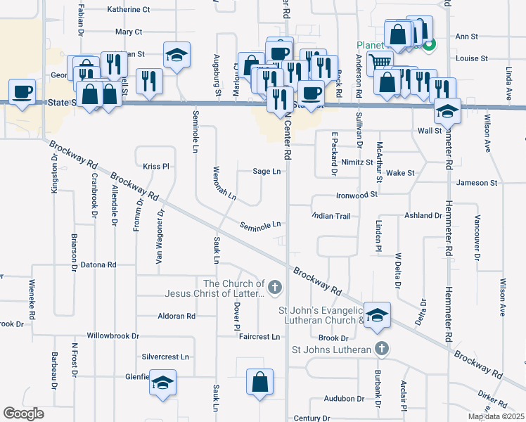 map of restaurants, bars, coffee shops, grocery stores, and more near 1640 Wenonah Lane in Saginaw