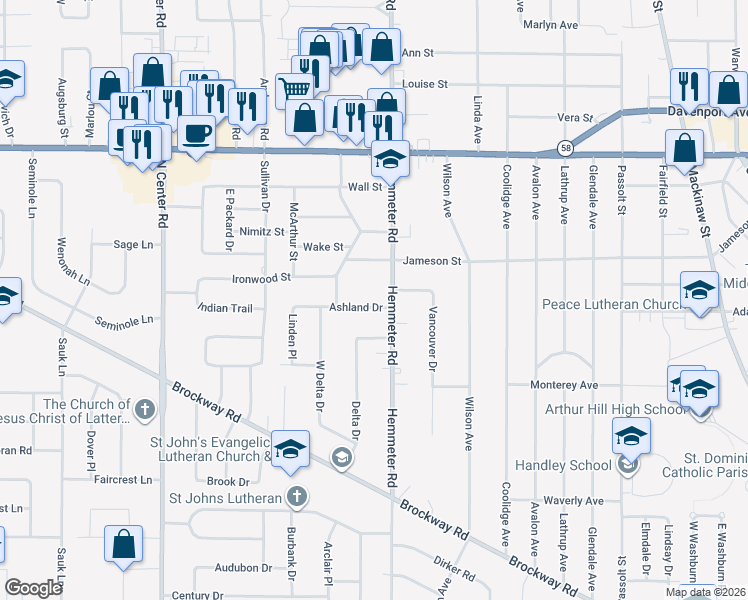 map of restaurants, bars, coffee shops, grocery stores, and more near 4540 Ashland Drive in Saginaw