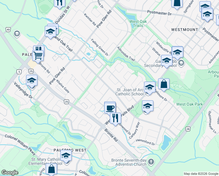 map of restaurants, bars, coffee shops, grocery stores, and more near Grand Oak Trail in Oakville