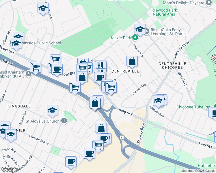 map of restaurants, bars, coffee shops, grocery stores, and more near 55 Kinzie Avenue in Kitchener