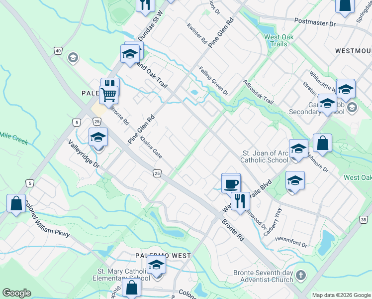map of restaurants, bars, coffee shops, grocery stores, and more near Baronwood Drive in Oakville