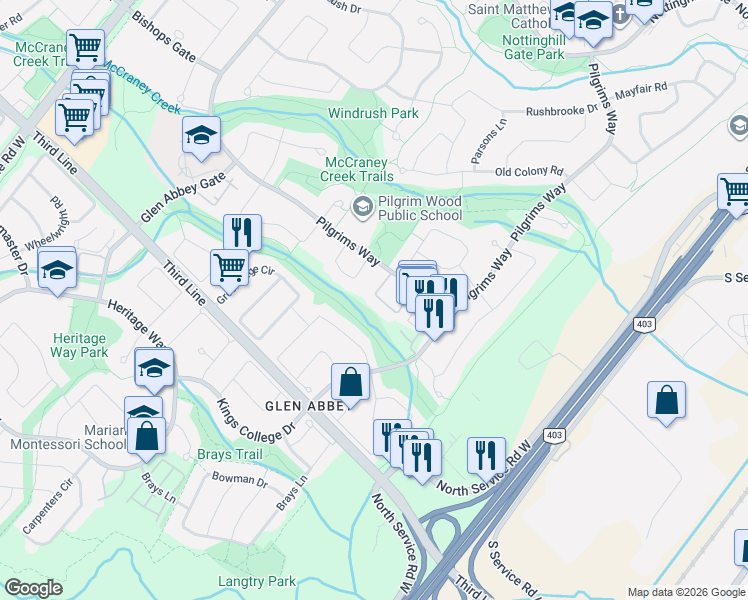 map of restaurants, bars, coffee shops, grocery stores, and more near 1492 Pilgrims Way in Oakville
