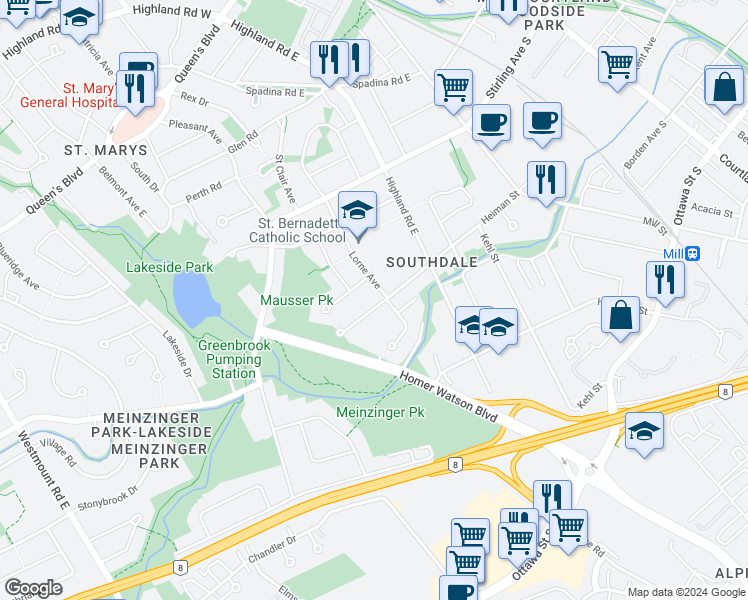 map of restaurants, bars, coffee shops, grocery stores, and more near in Kitchener