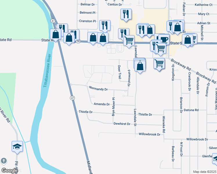 map of restaurants, bars, coffee shops, grocery stores, and more near 6226 Normandy Drive in Saginaw