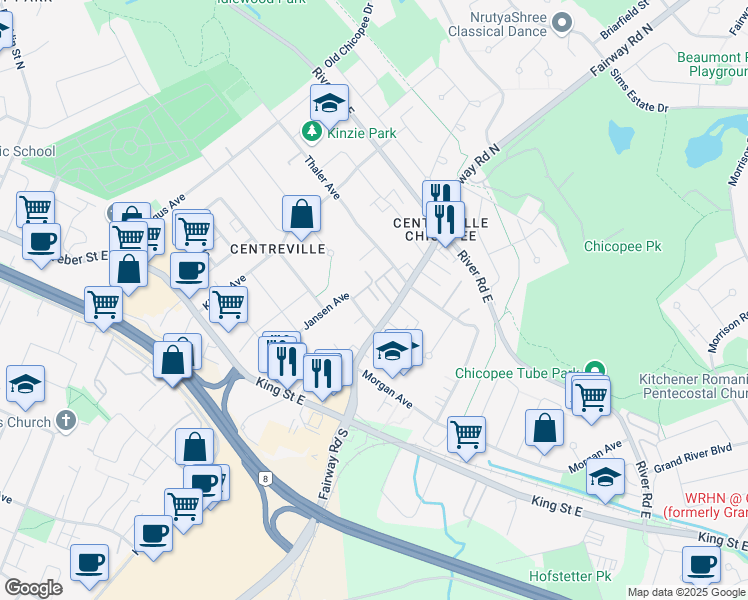 map of restaurants, bars, coffee shops, grocery stores, and more near 164 Jansen Avenue in Kitchener