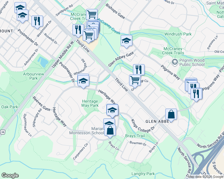 map of restaurants, bars, coffee shops, grocery stores, and more near Schoolmaster Circle in Oakville