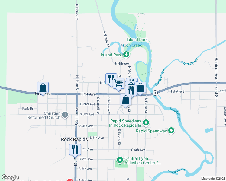map of restaurants, bars, coffee shops, grocery stores, and more near 100 North Greene Street in Rock Rapids