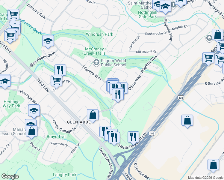 map of restaurants, bars, coffee shops, grocery stores, and more near 1476 Pilgrims Way in Oakville
