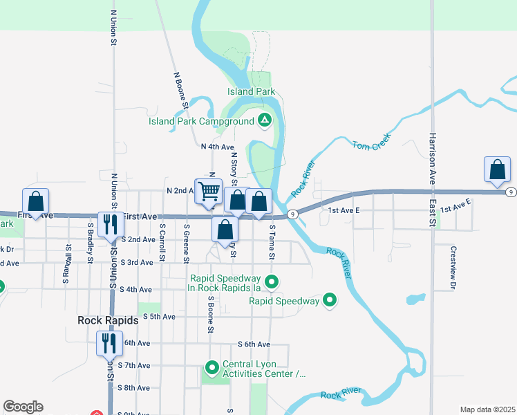 map of restaurants, bars, coffee shops, grocery stores, and more near 101-199 N Marshall St in Rock Rapids
