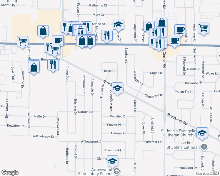 map of restaurants, bars, coffee shops, grocery stores, and more near 1675 Van Wagoner Drive in Saginaw