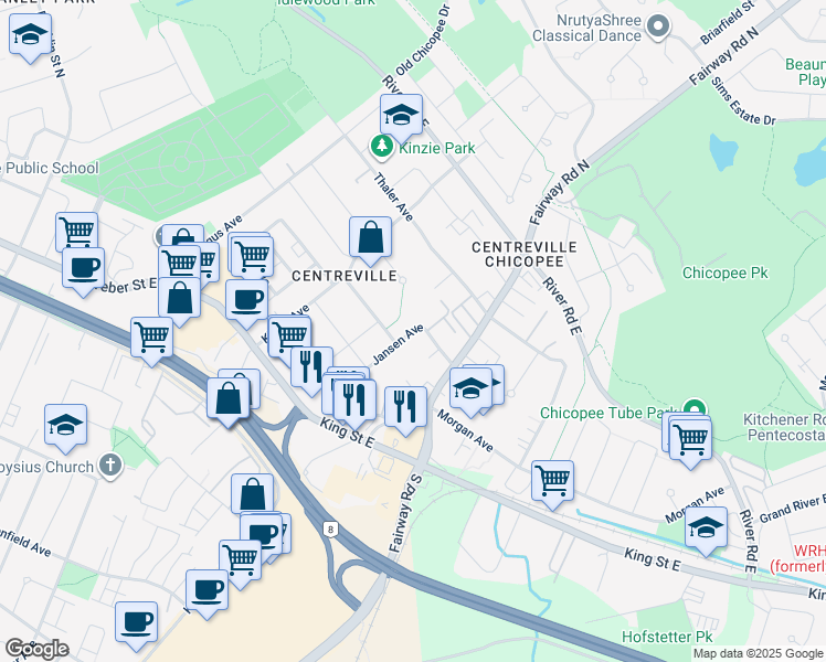map of restaurants, bars, coffee shops, grocery stores, and more near 140 Jansen Avenue in Kitchener