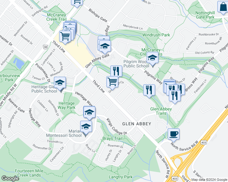 map of restaurants, bars, coffee shops, grocery stores, and more near 1520 Greenridge Circle in Oakville