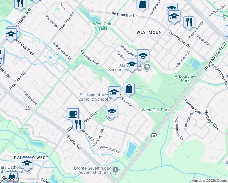 map of restaurants, bars, coffee shops, grocery stores, and more near 2897 Westoak Trails Boulevard in Oakville