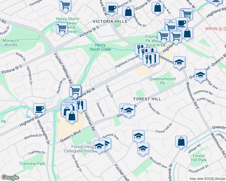 map of restaurants, bars, coffee shops, grocery stores, and more near 226 Overlea Drive in Kitchener