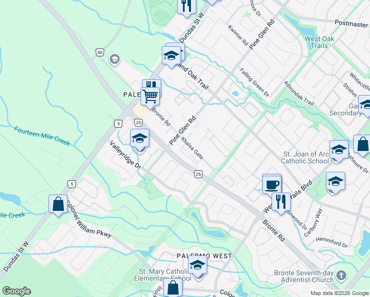 map of restaurants, bars, coffee shops, grocery stores, and more near in Oakville