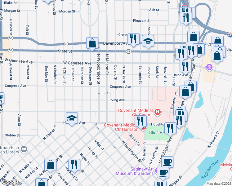 map of restaurants, bars, coffee shops, grocery stores, and more near 1729 Durand Street in Saginaw