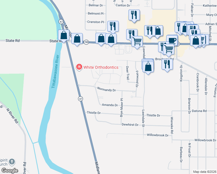 map of restaurants, bars, coffee shops, grocery stores, and more near 6226 Normandy Drive in Saginaw