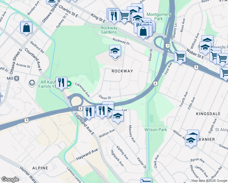 map of restaurants, bars, coffee shops, grocery stores, and more near 150 Cornell Avenue in Kitchener