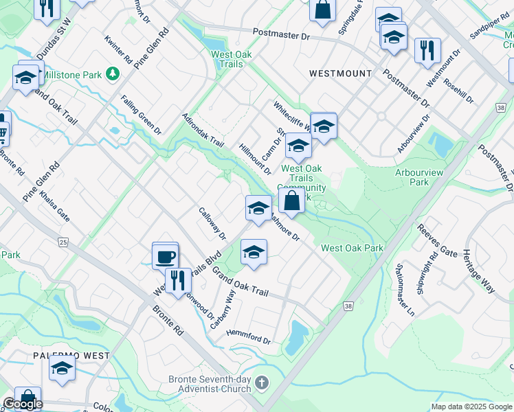 map of restaurants, bars, coffee shops, grocery stores, and more near 2253 Canonridge Circle in Oakville