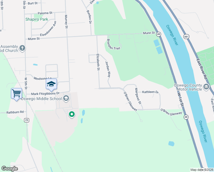 map of restaurants, bars, coffee shops, grocery stores, and more near 43 O'Brien Glenway in Oswego