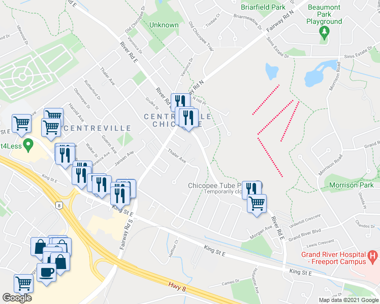 map of restaurants, bars, coffee shops, grocery stores, and more near 278 Thaler Avenue in Kitchener