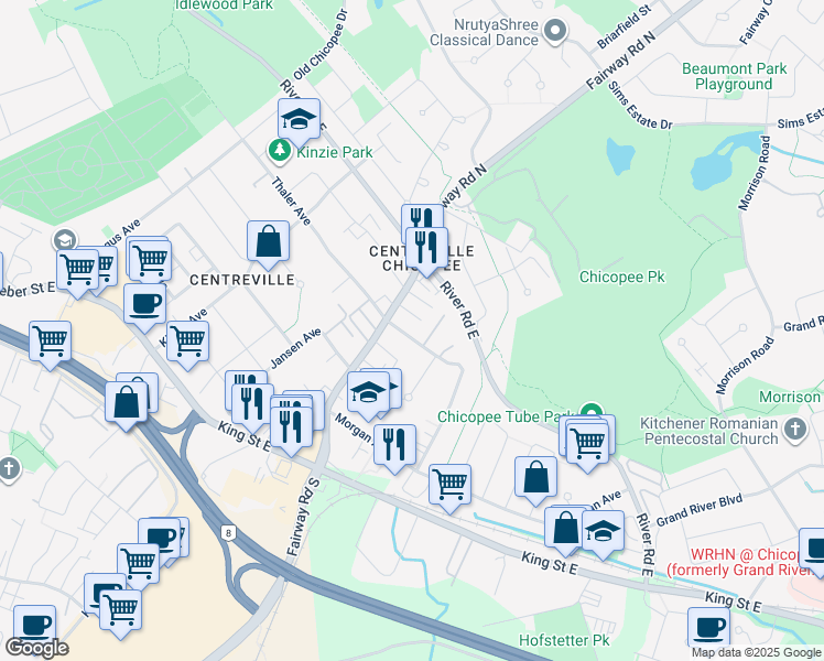 map of restaurants, bars, coffee shops, grocery stores, and more near 258 Thaler Avenue in Kitchener