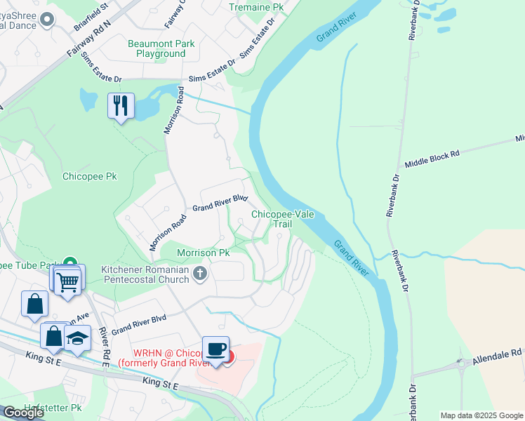 map of restaurants, bars, coffee shops, grocery stores, and more near 322 Grand River Boulevard in Kitchener
