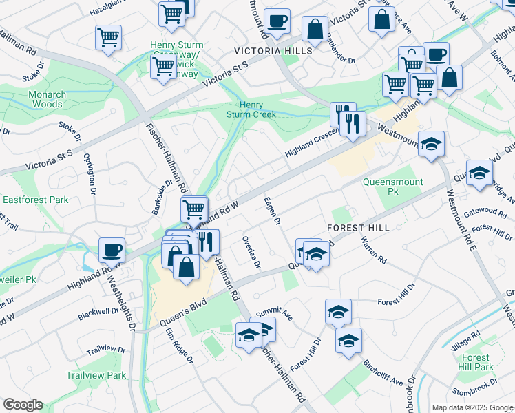 map of restaurants, bars, coffee shops, grocery stores, and more near 49 Eagen Drive in Kitchener