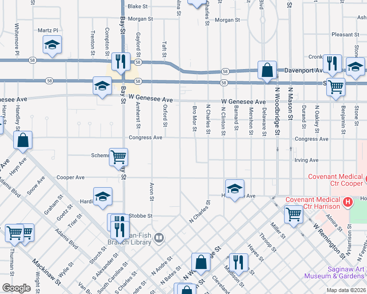 map of restaurants, bars, coffee shops, grocery stores, and more near 1726 North Carolina Street in Saginaw