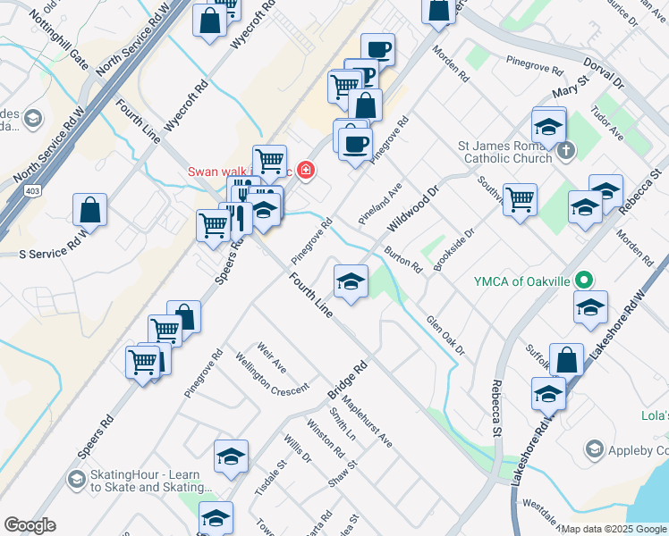 map of restaurants, bars, coffee shops, grocery stores, and more near 576 Stephens Crescent in Oakville