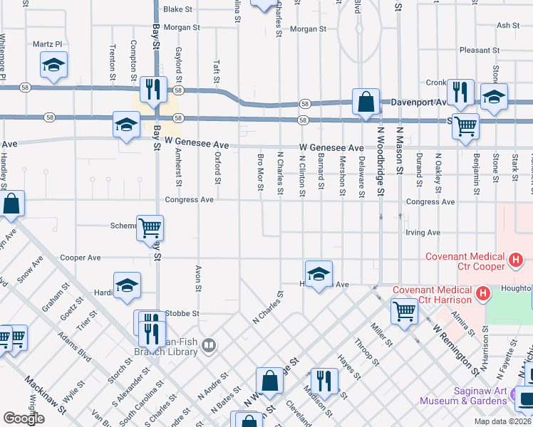 map of restaurants, bars, coffee shops, grocery stores, and more near 1740 Bro Mor Street in Saginaw